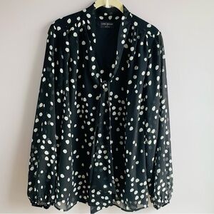 Lane Bryant Blouse Top Black White Dots Tie Neck Long sleeve Office EUC Size 14